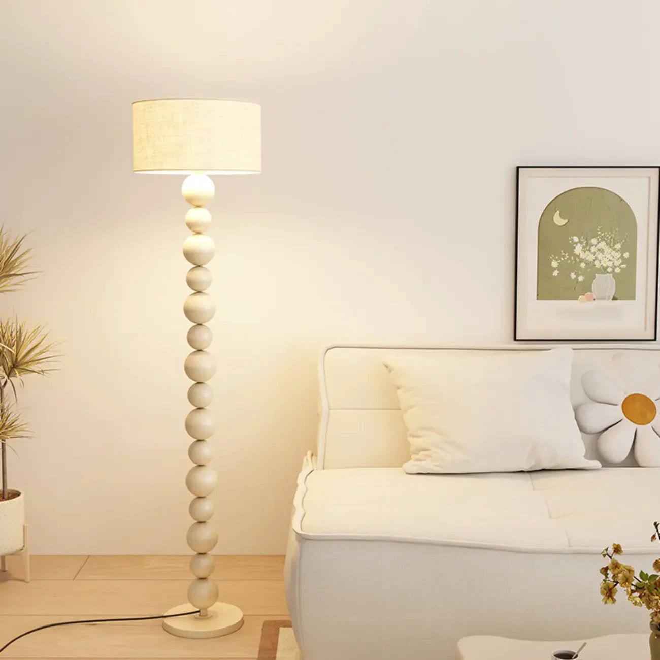 Lampadaire décoratif moderne à boules empilées avec abat-jour en tissu