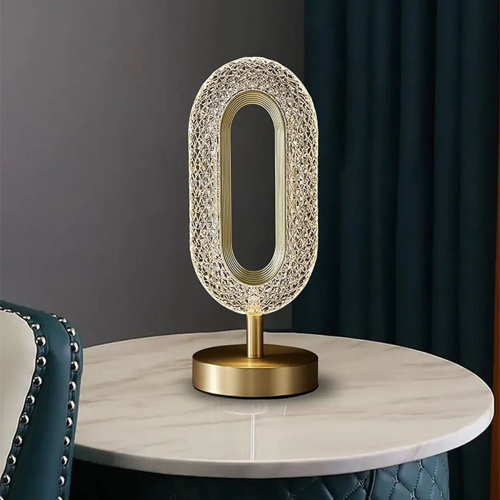 Lampe de table LED Art Déco de luxe en forme d'anneau en laiton doré et acrylique