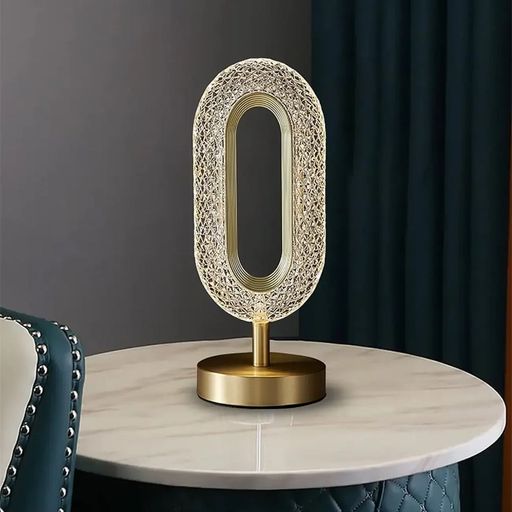 Lampe de table LED Art Déco de luxe en forme d'anneau en laiton doré et acrylique