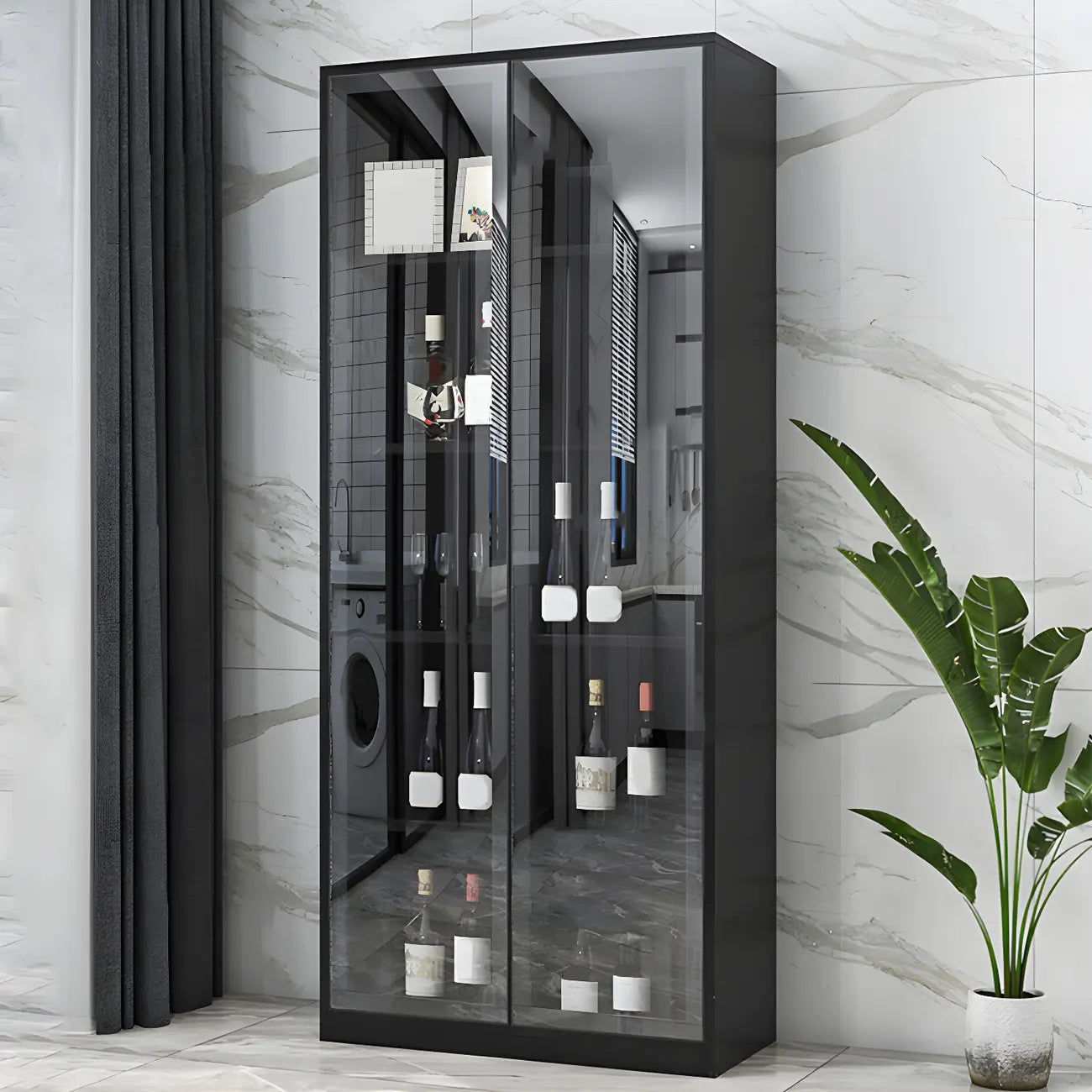 Vitrine en bois noir avec portes vitrées et éclairage intégré