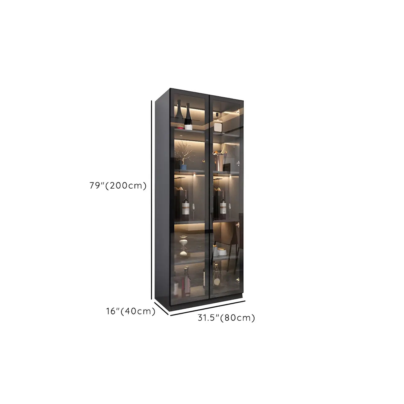Vitrine en bois noir avec portes vitrées et éclairage intégré