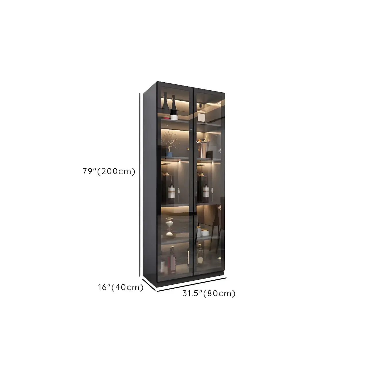 Vitrine en bois noir avec portes vitrées et éclairage intégré