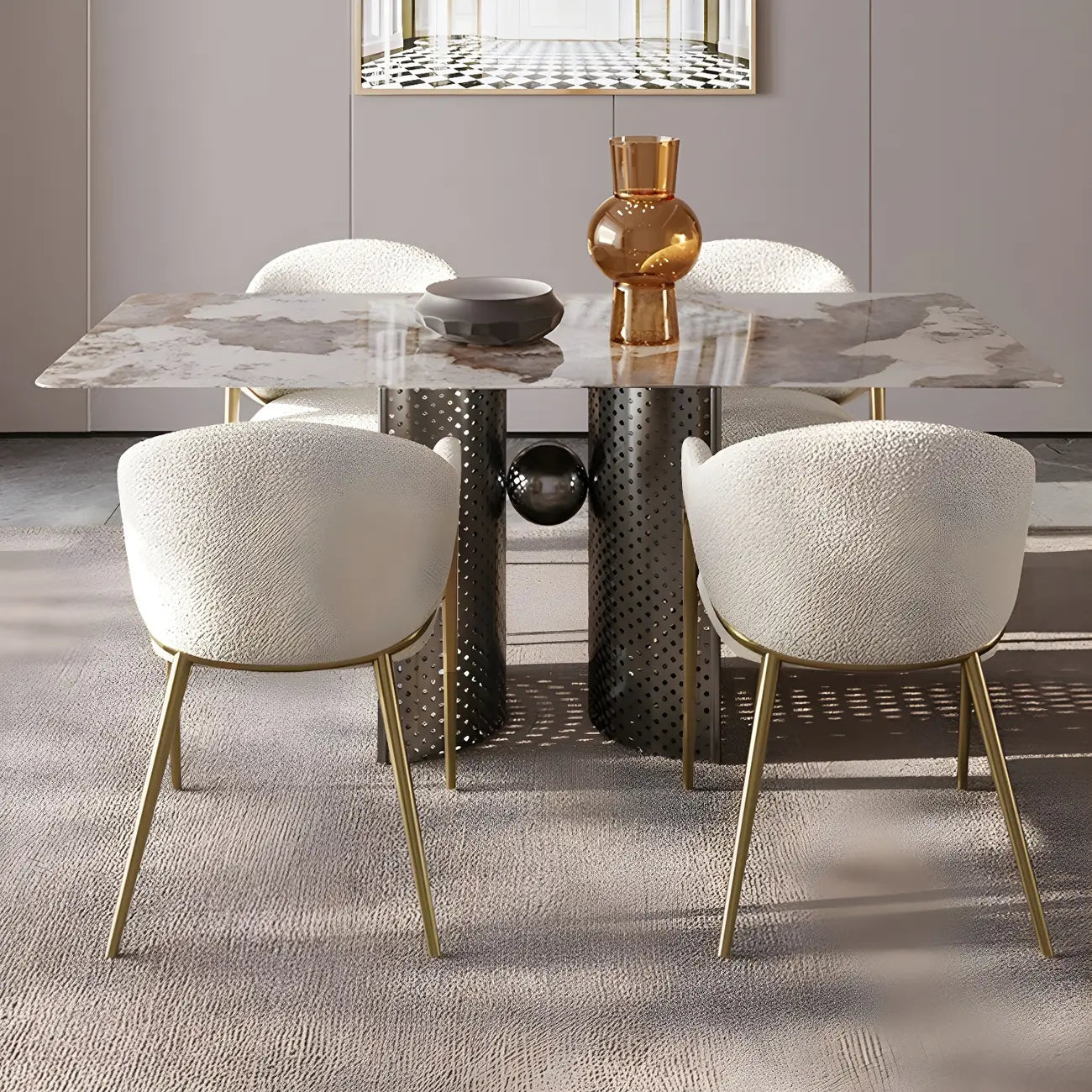 Ensemble de 2 chaises de salle à manger blanches contemporaines en sherpa à dossier bas