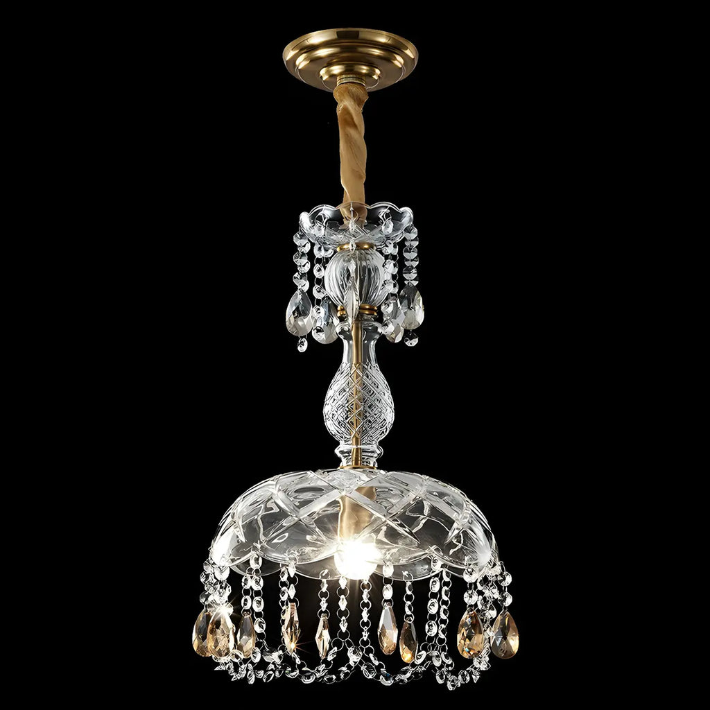 Suspension de luxe en cristal clair sous dôme, hauteur réglable.