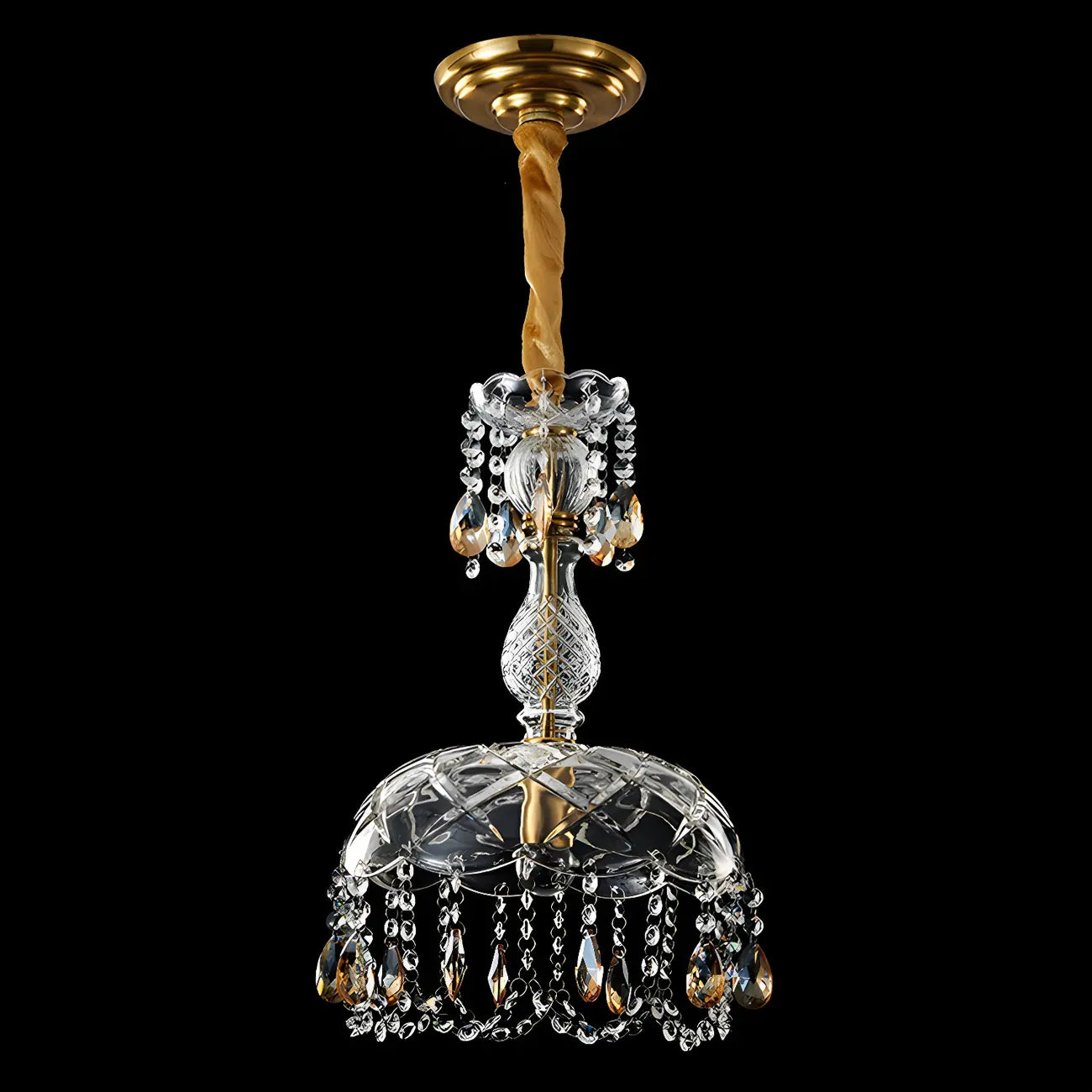 Suspension de luxe en cristal clair sous dôme, hauteur réglable.