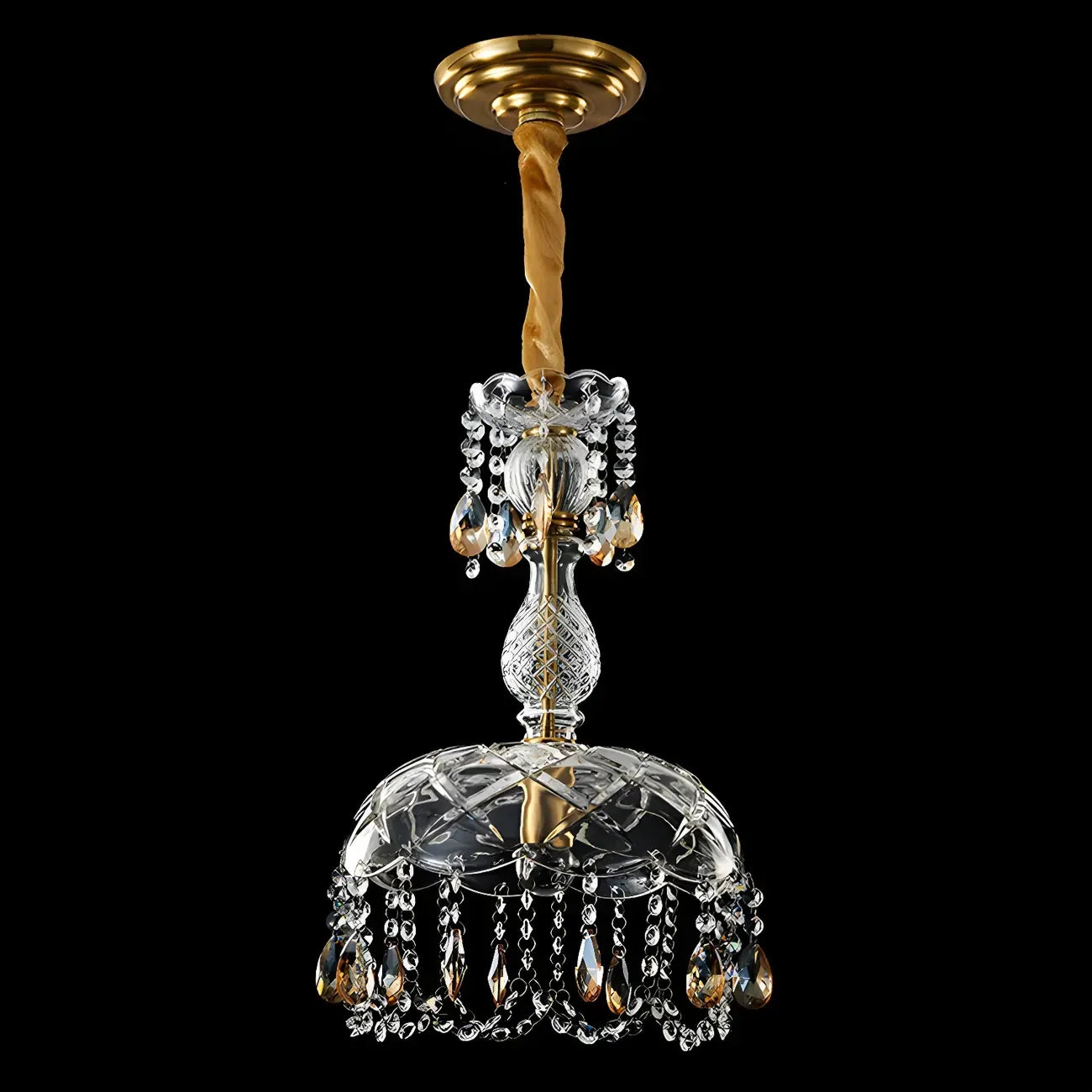 Suspension de luxe en cristal clair sous dôme, hauteur réglable.