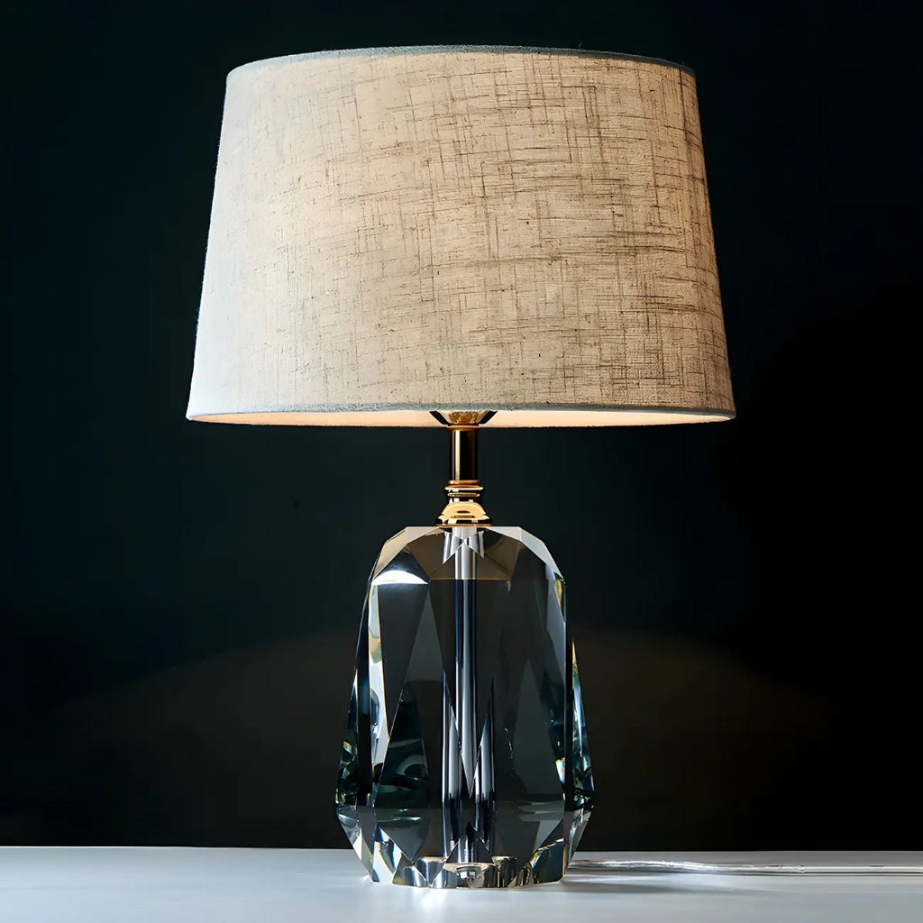 Lampe de table élégante à pied cylindrique en cristal et abat-jour en lin