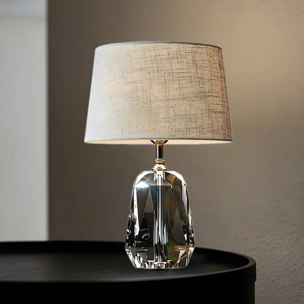 Lampe de table élégante à pied cylindrique en cristal et abat-jour en lin