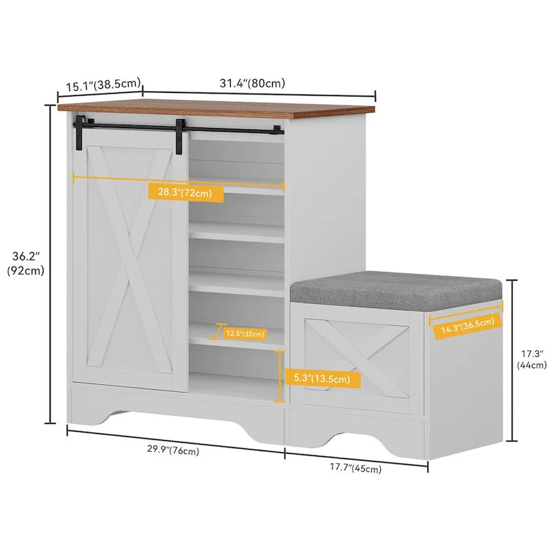 Meuble à chaussures de ferme avec porte coulissante, banc à chaussures, armoire de rangement à 5 niveaux avec étagères réglables pour 20 paires