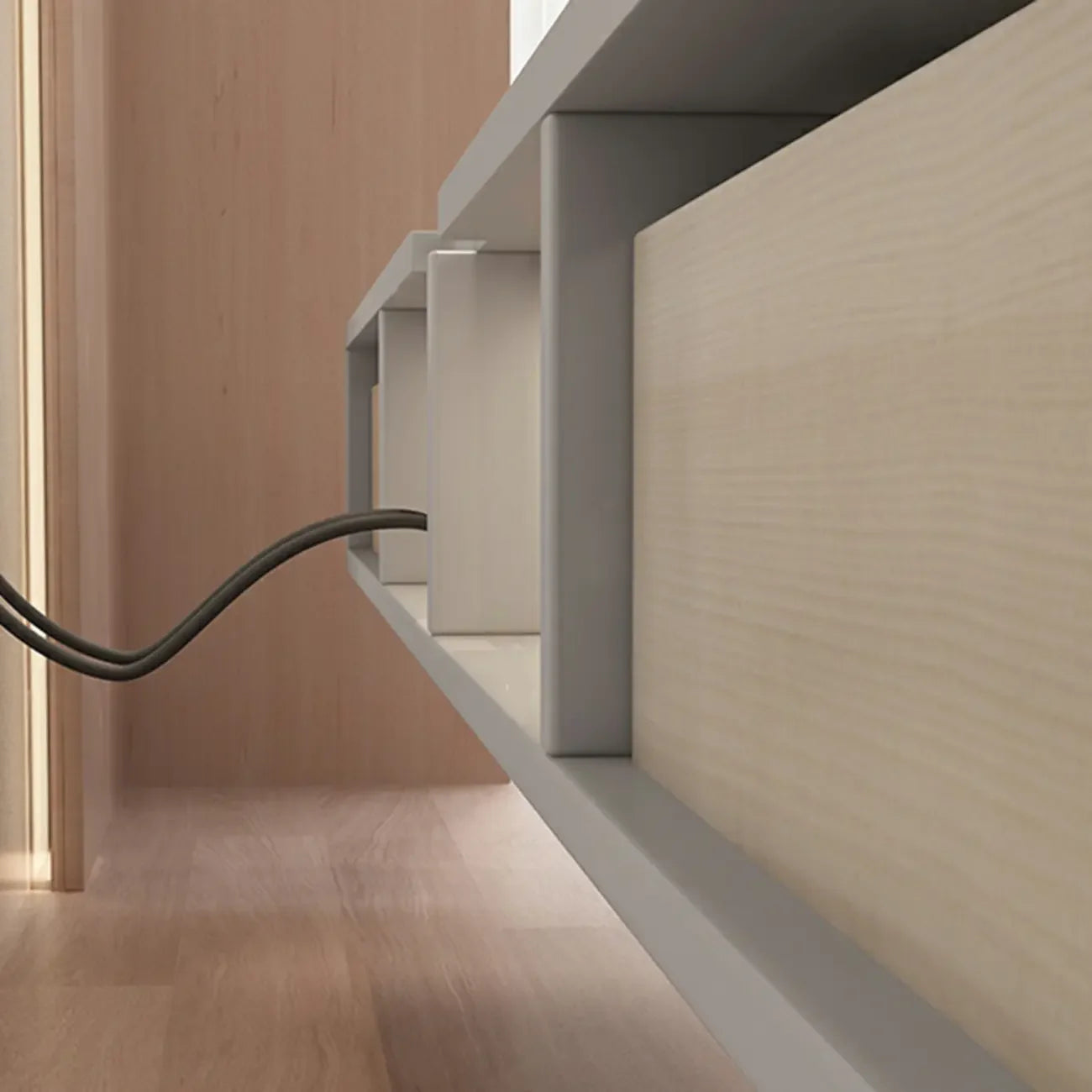 Mobile TV sospeso contemporaneo in legno bianco lungo con cassetti