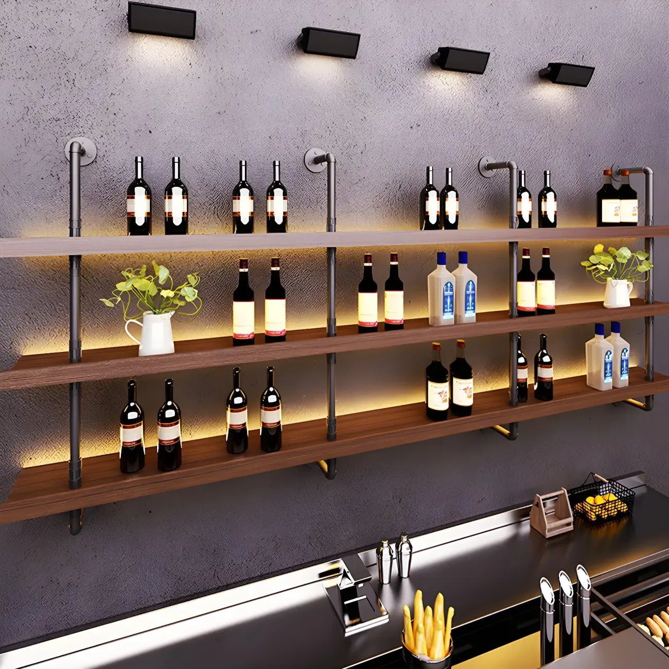 Casier à vin mural en pin brun avec éclairage