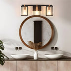 Lampada da bagno a 3 luci lineare a gabbia cubica in ferro nero
