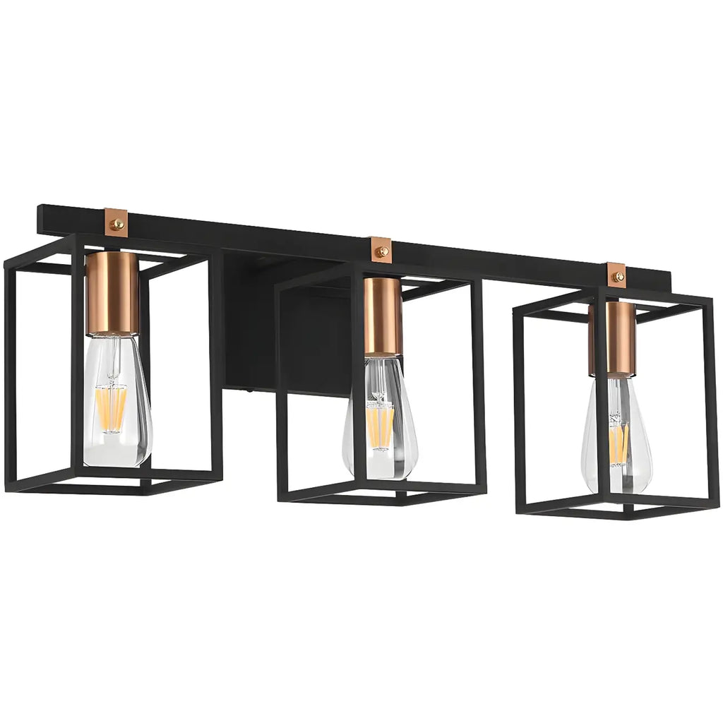 Lampada da bagno a 3 luci lineare a gabbia cubica in ferro nero