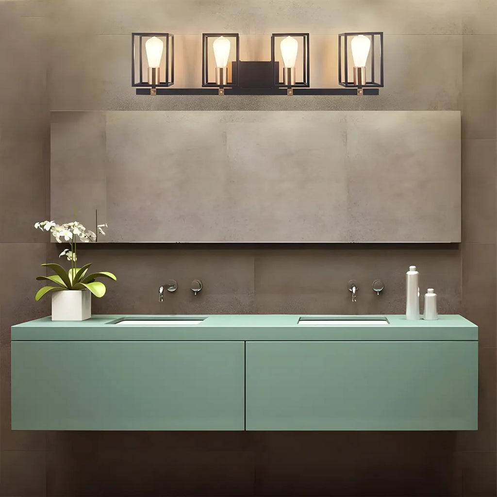 Lampada da bagno a 3 luci lineare a gabbia cubica in ferro nero