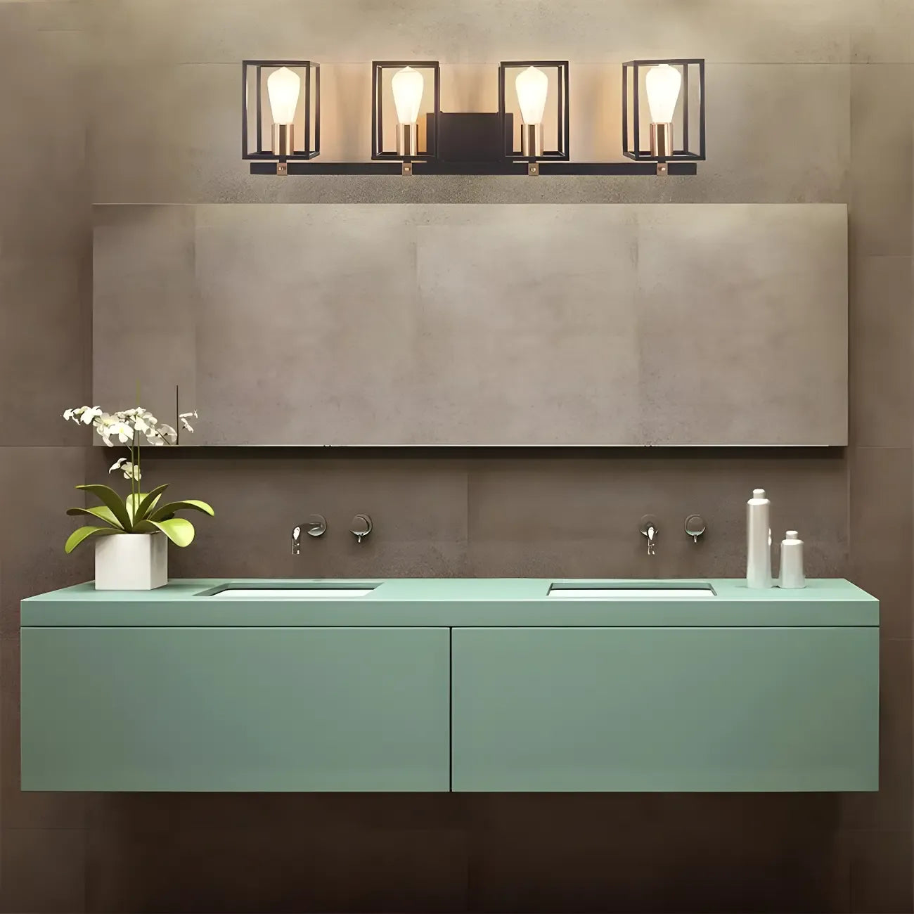 Lampada da bagno a 3 luci lineare a gabbia cubica in ferro nero