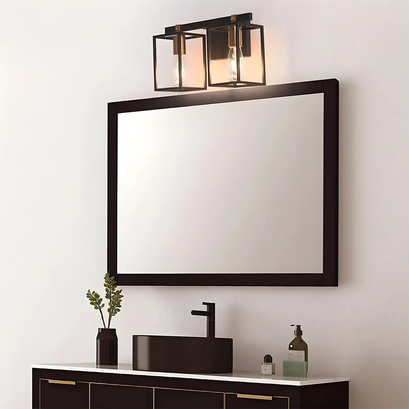 Lampada da bagno a 3 luci lineare a gabbia cubica in ferro nero