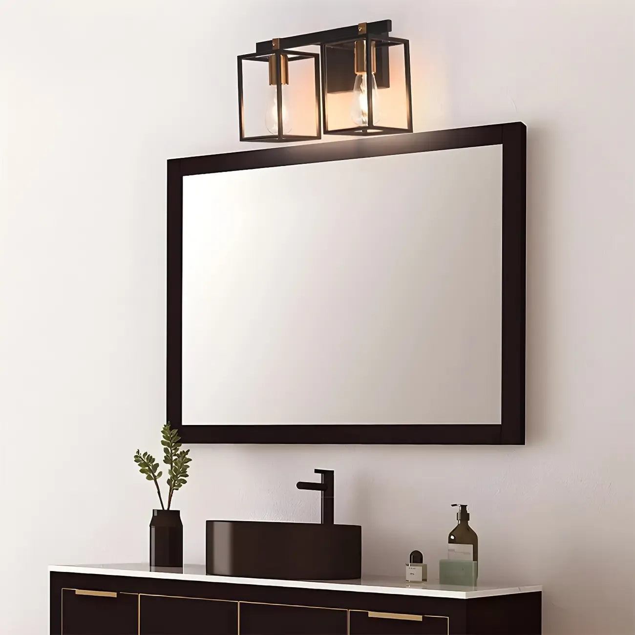 Lampada da bagno a 3 luci lineare a gabbia cubica in ferro nero