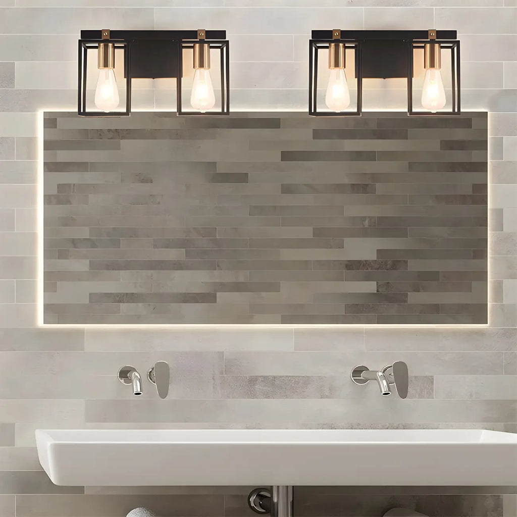 Lampada da bagno a 3 luci lineare a gabbia cubica in ferro nero