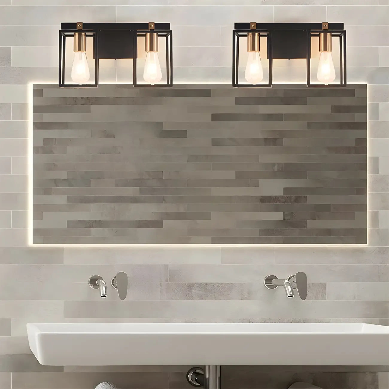 Lampada da bagno a 3 luci lineare a gabbia cubica in ferro nero