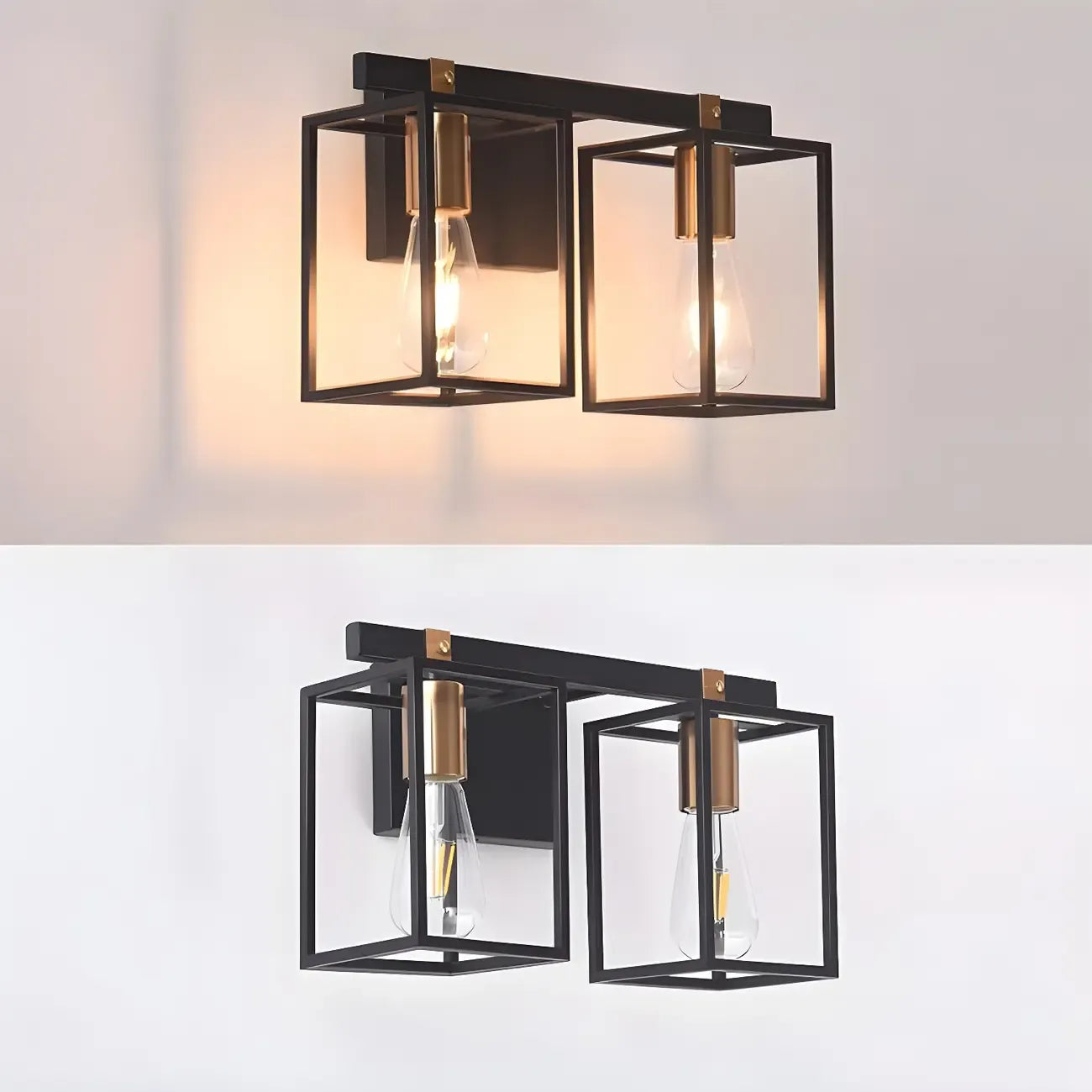Lampada da bagno a 3 luci lineare a gabbia cubica in ferro nero