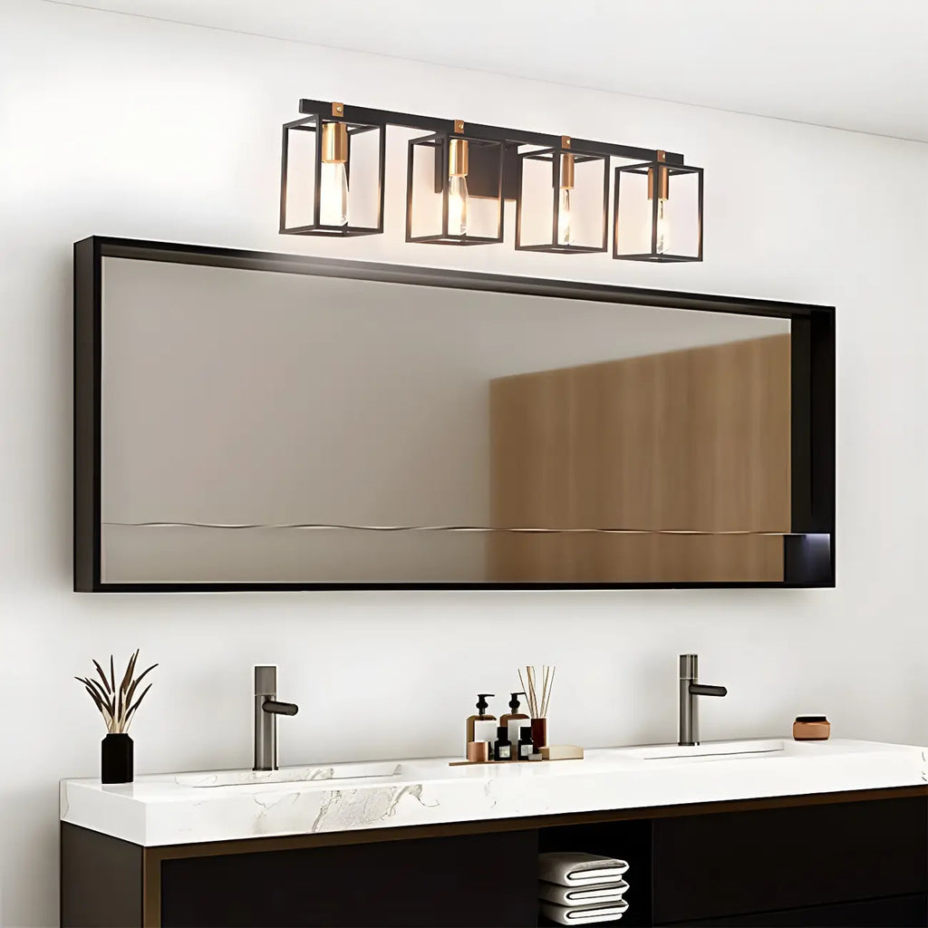 Lampada da bagno a 3 luci lineare a gabbia cubica in ferro nero