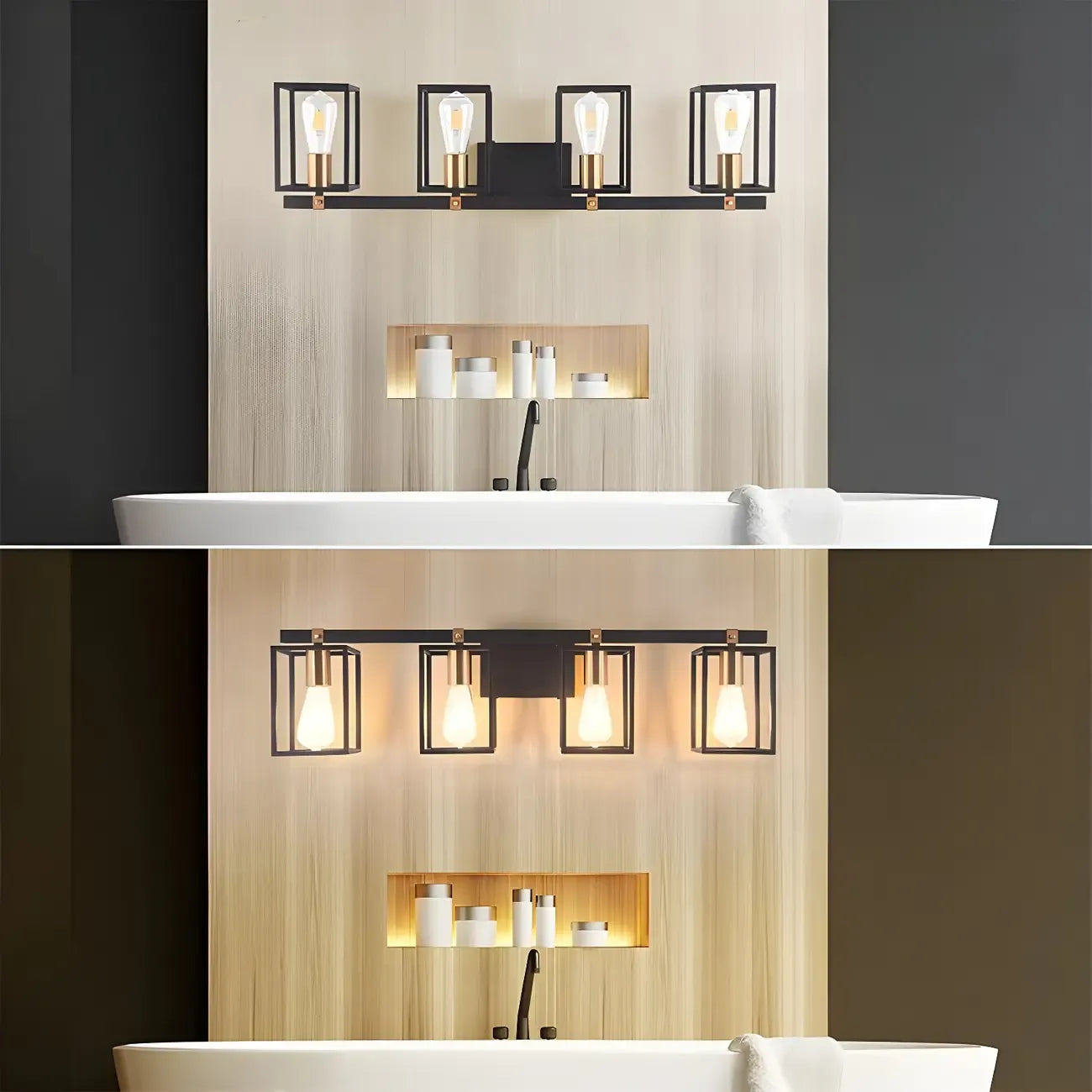 Lampada da bagno a 3 luci lineare a gabbia cubica in ferro nero