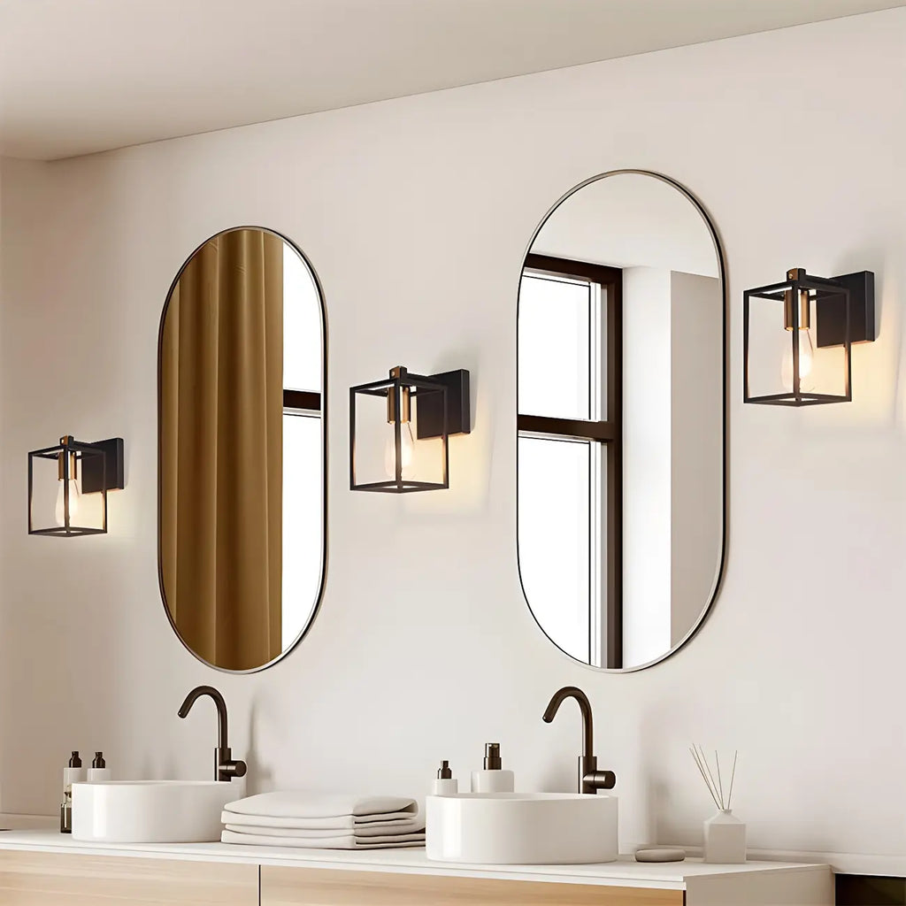 Lampada da bagno a 3 luci lineare a gabbia cubica in ferro nero