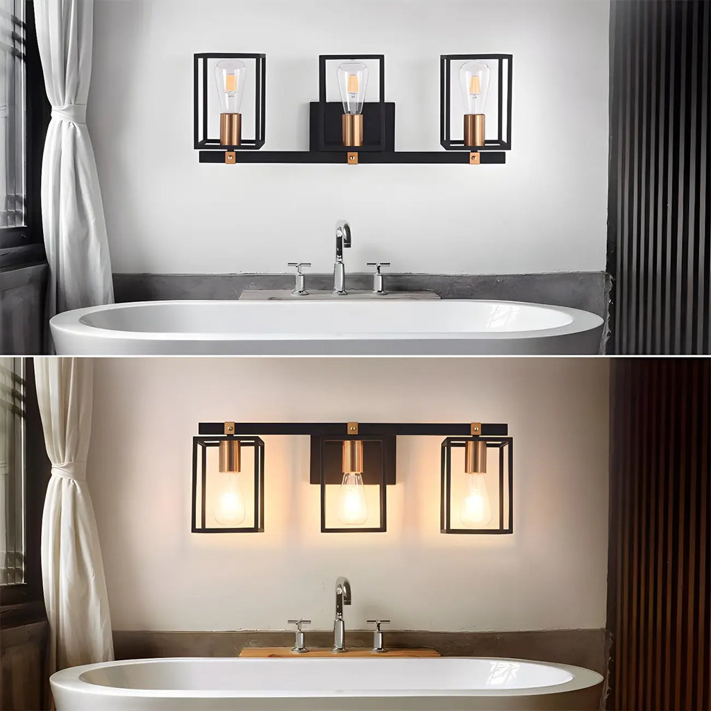 Lampada da bagno a 3 luci lineare a gabbia cubica in ferro nero