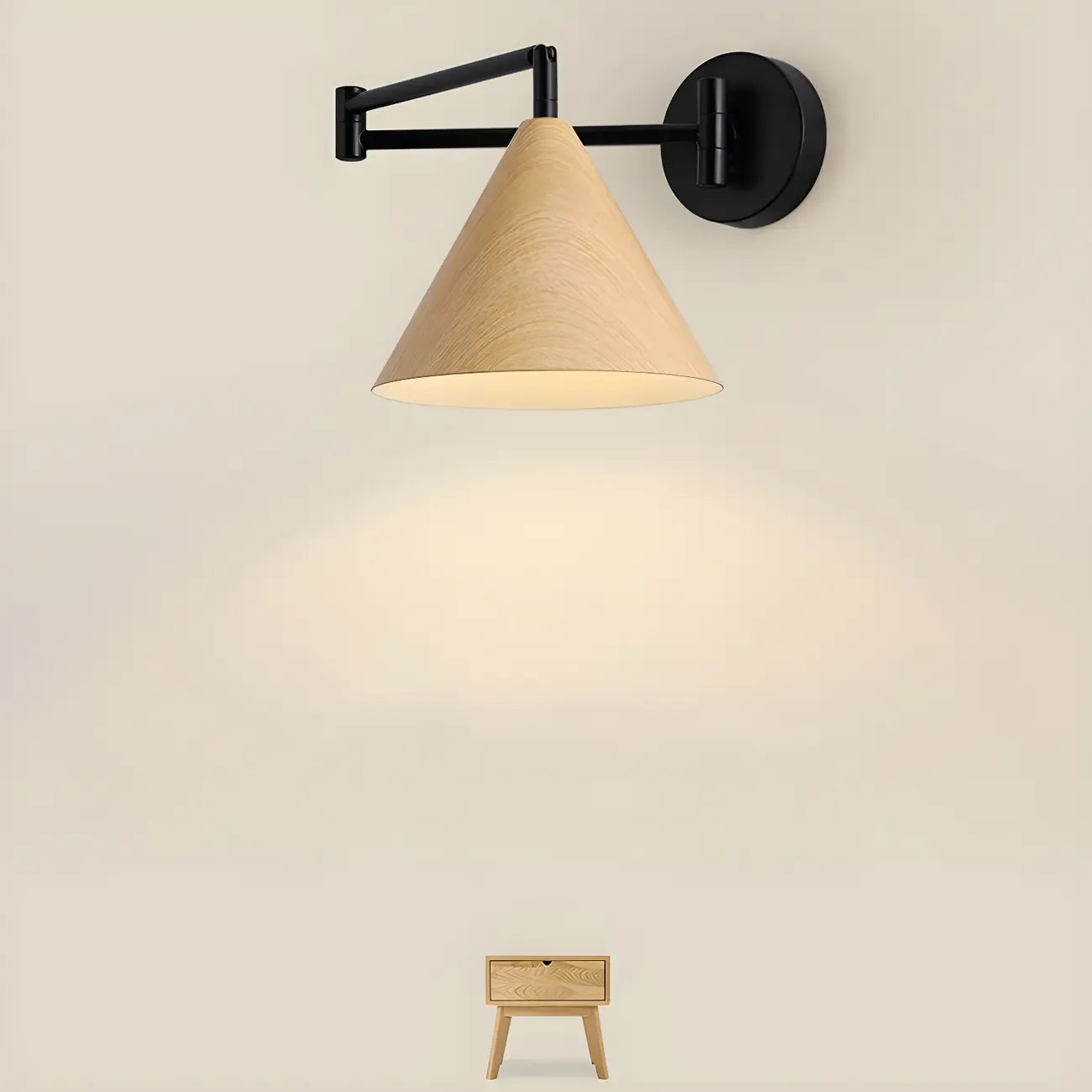Applique murale à bras articulé en métal noir avec abat-jour en bois