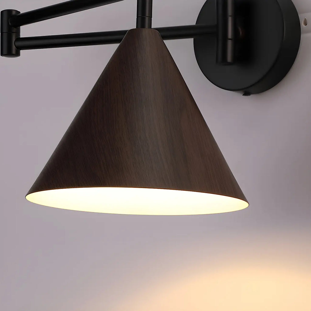 Applique murale à bras articulé en métal noir avec abat-jour en bois
