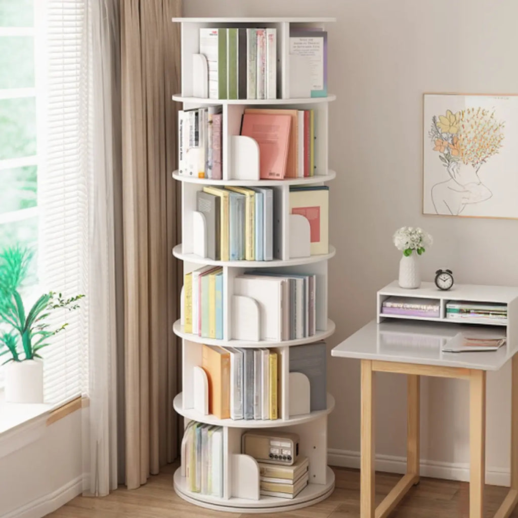 Bibliothèque cylindrique en bois marron à dos ouvert et pivotante