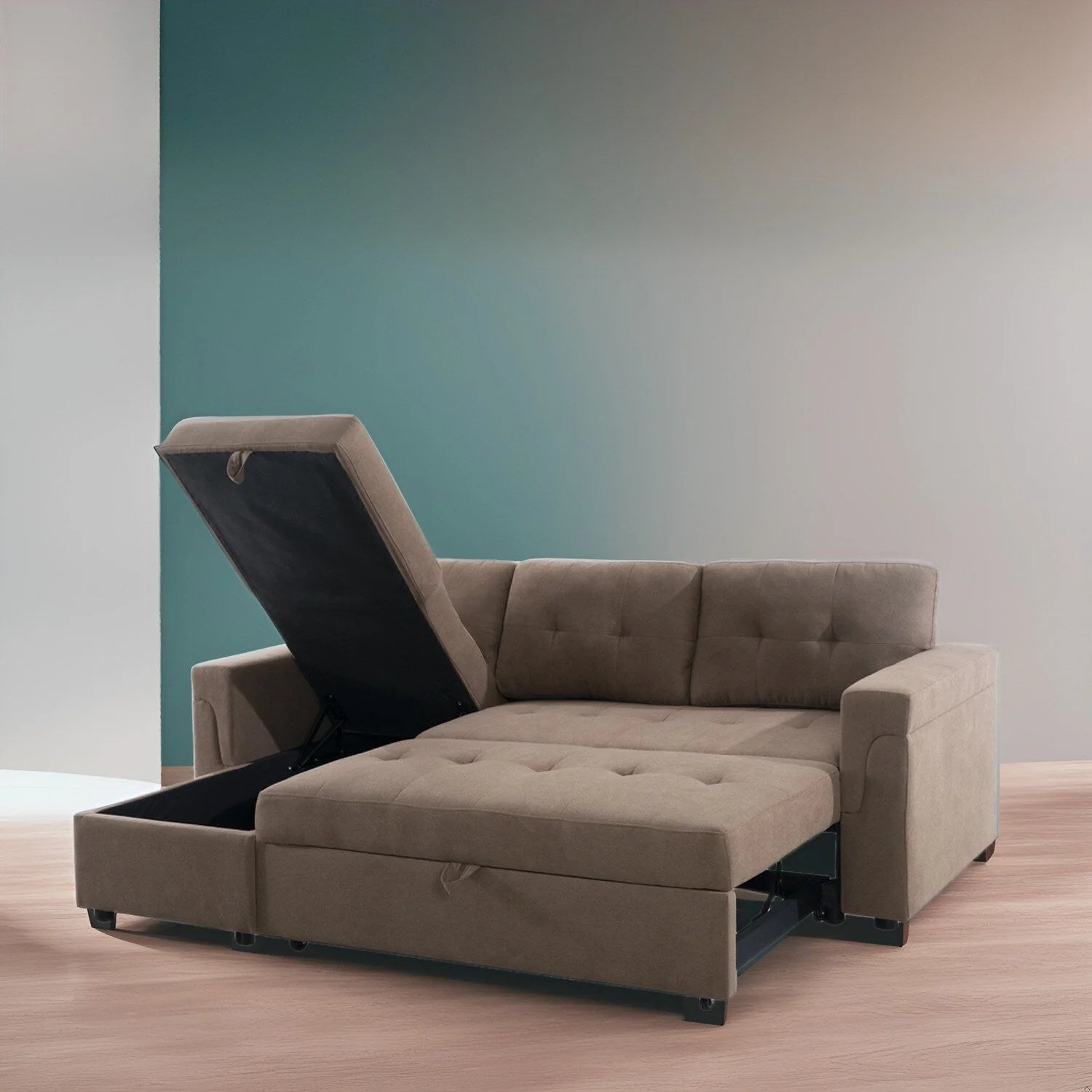 Canapé d'angle convertible et réversible avec lit gigogne, méridienne de rangement dissimulée et pieds robustes.