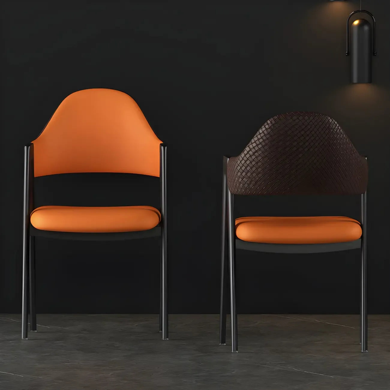Chaise de salle à manger moderne en cuir avec dossier incurvé et accoudoirs ouverts