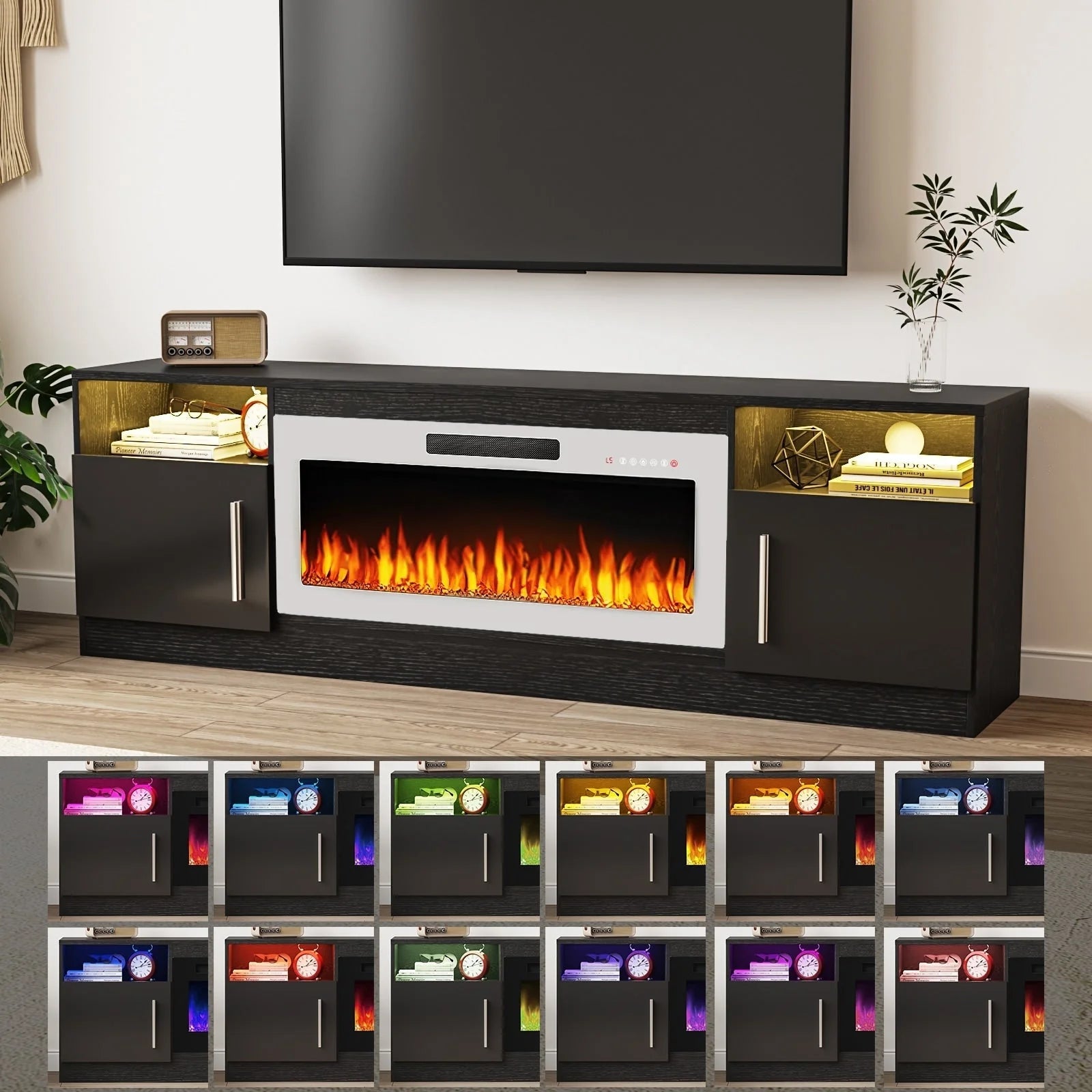 Meuble TV Bossin 70 avec cheminée électrique 36 pouces, compatible avec les téléviseurs jusqu'à 80 pouces, éclairage LED 16 couleurs/centre multimédia
