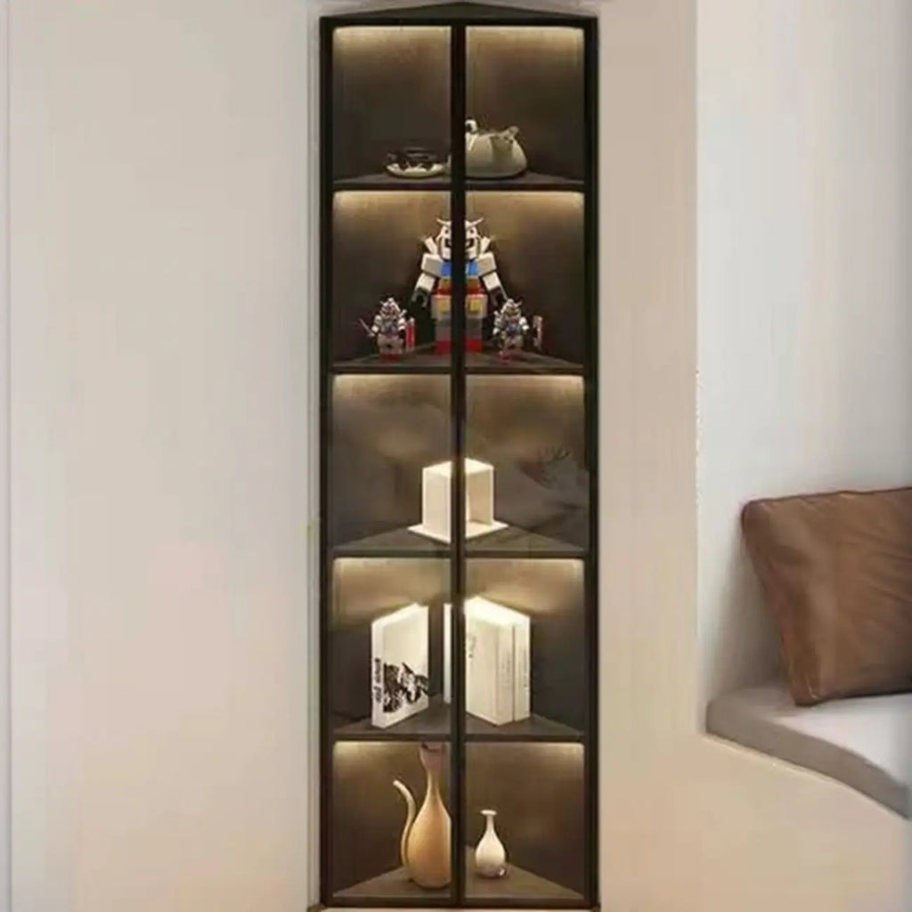 Vitrine d'angle moderne en métal gris et bois avec porte vitrée
