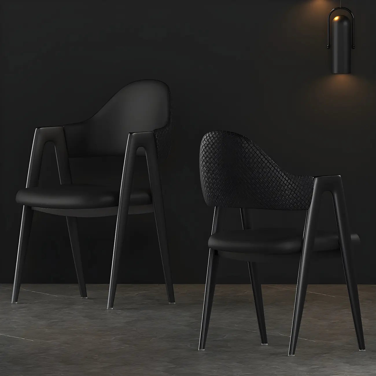 Chaise de salle à manger moderne en cuir avec dossier incurvé et accoudoirs ouverts