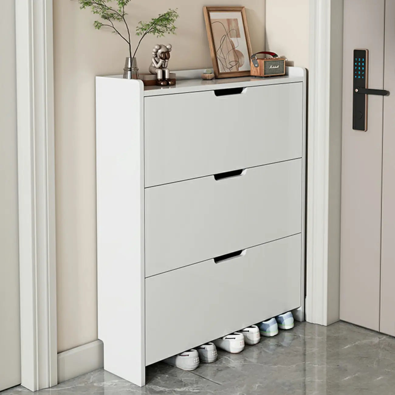 Scarpiera a 3 livelli in legno bianco con anta a ribalta