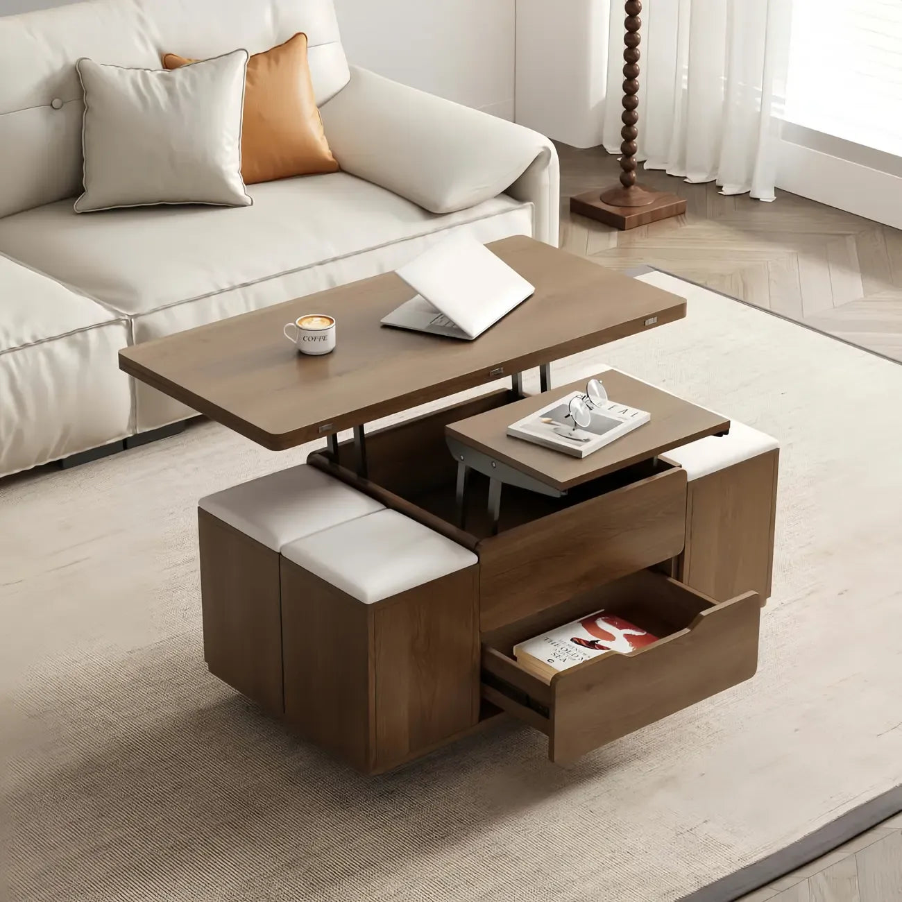 Table basse pliable à plateau relevable avec 4 tabourets et rangement
