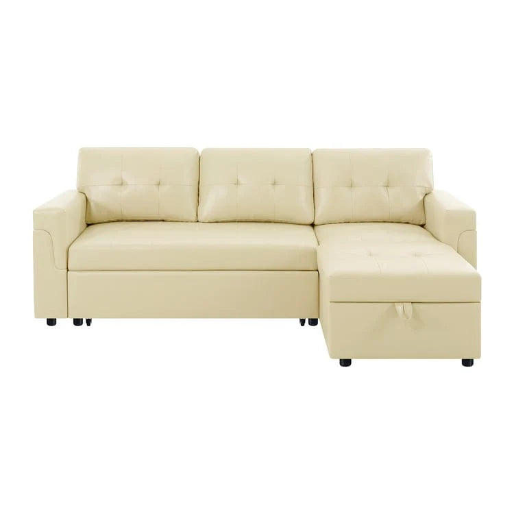 Canapé d'angle convertible et réversible avec lit gigogne, méridienne de rangement dissimulée et pieds robustes.