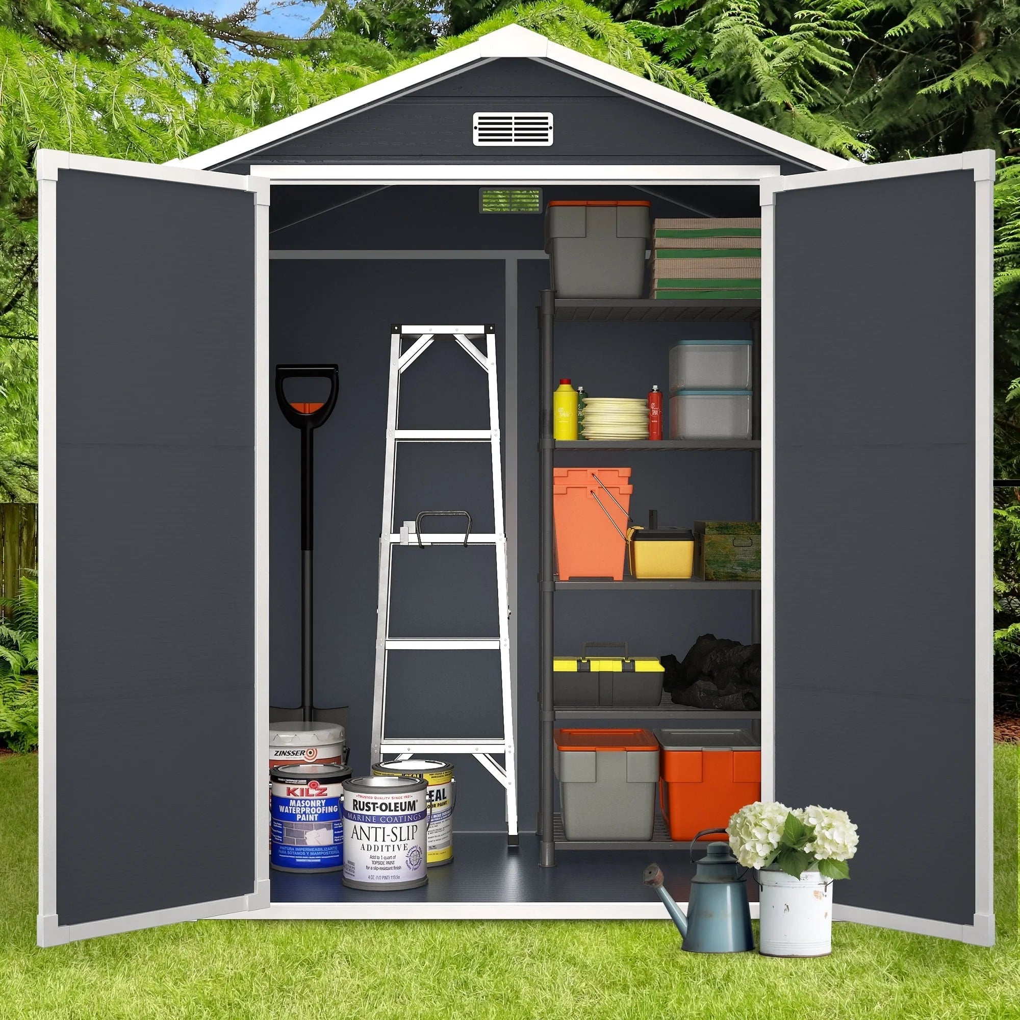 Abri de jardin en résine plastique tout temps avec plancher, dimensions : 1,83 m x 1,22 m / 1,83 m x 2,44 m / 2,44 m x 1,83 m / 2,44 m x 3,05 m.