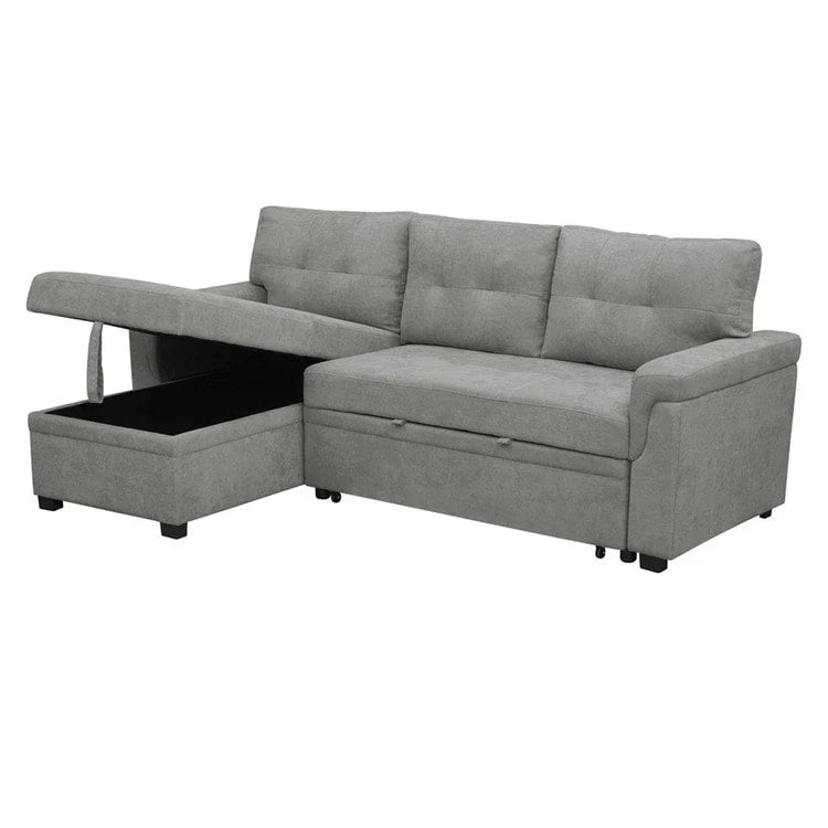 Canapé d'angle convertible et réversible avec lit gigogne, méridienne de rangement dissimulée et pieds robustes.