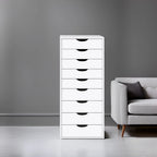 Étroite commode en bois à 9 tiroirs coulissants et étagère de rangement supérieure
