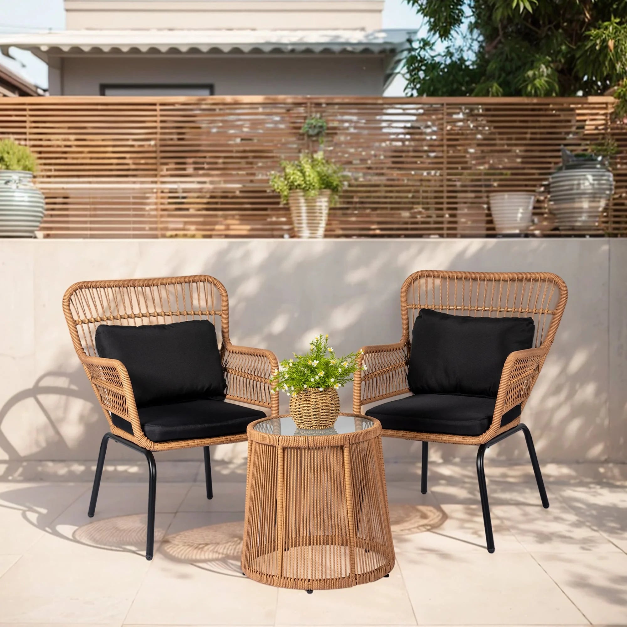 Set da Bistrò per Conversazione da Esterno a 3 Pezzi in Vimini, Set di Sedie da Patio in Rattan per Tutte le Stagioni con Cuscini