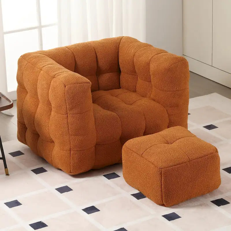 HOMEFUN Poltrona singola moderna trapuntata in Bouclé con pouf