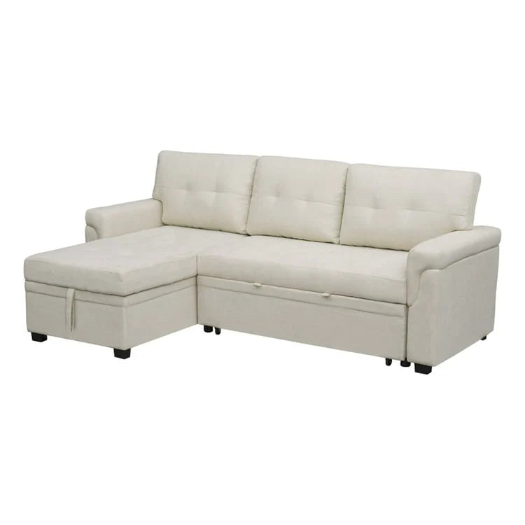 Canapé d'angle convertible et réversible avec lit gigogne, méridienne de rangement dissimulée et pieds robustes.