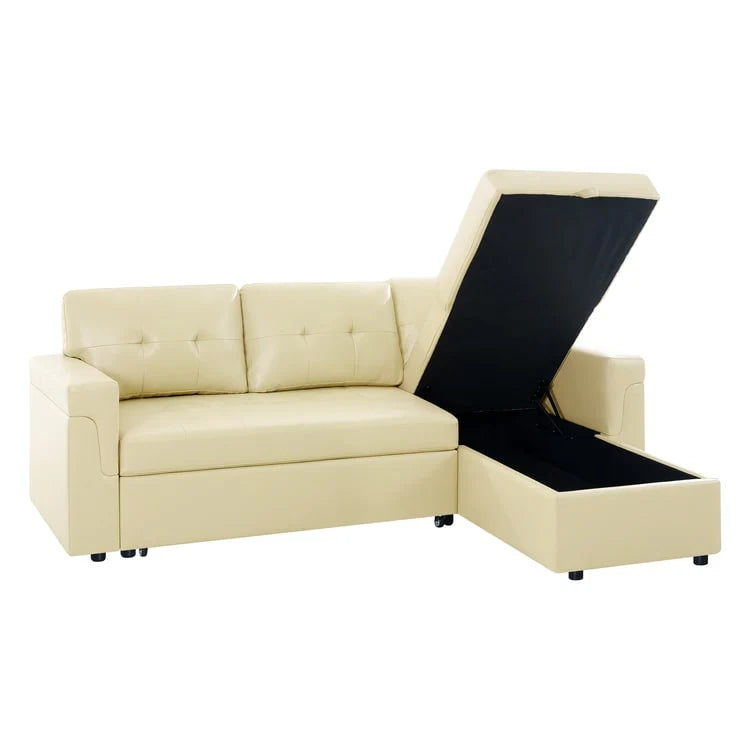 Canapé d'angle convertible et réversible avec lit gigogne, méridienne de rangement dissimulée et pieds robustes.