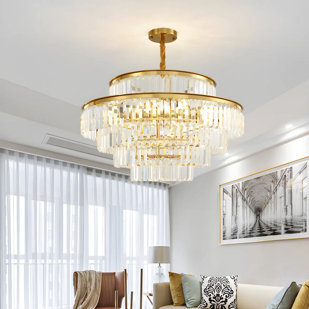 Lustre cylindrique à plusieurs niveaux en cristal doré