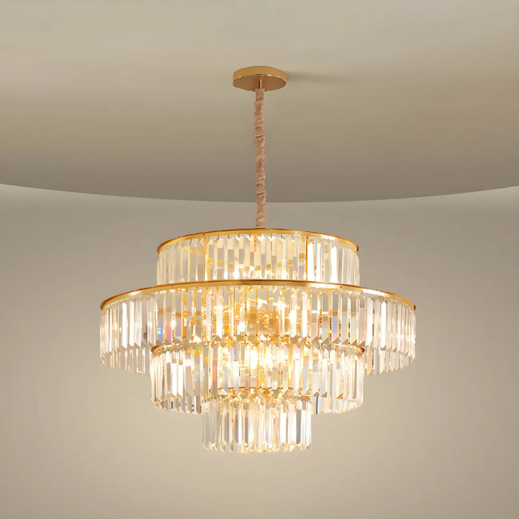 Lustre cylindrique à plusieurs niveaux en cristal doré