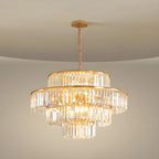 Lustre cylindrique à plusieurs niveaux en cristal doré