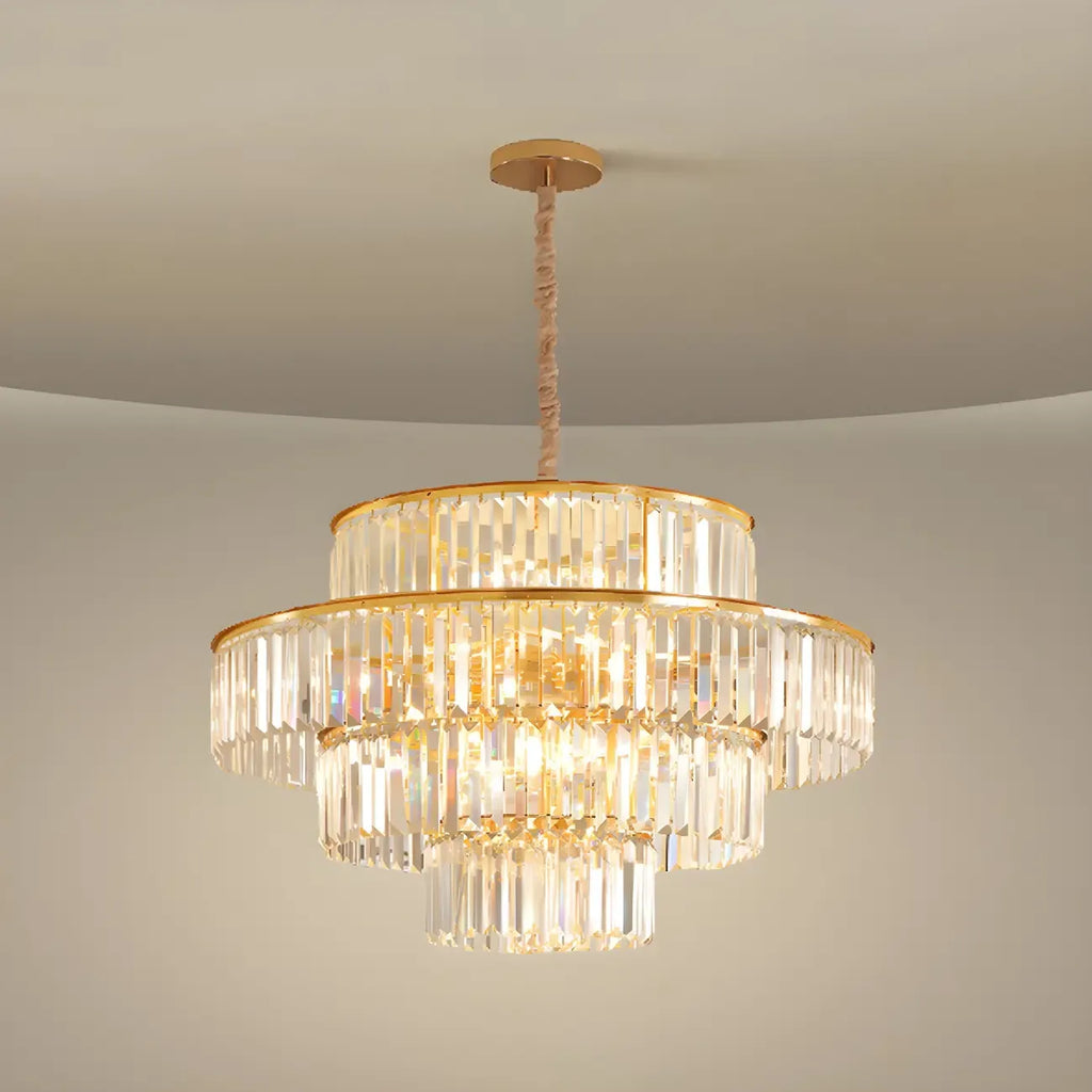 Lustre cylindrique à plusieurs niveaux en cristal doré
